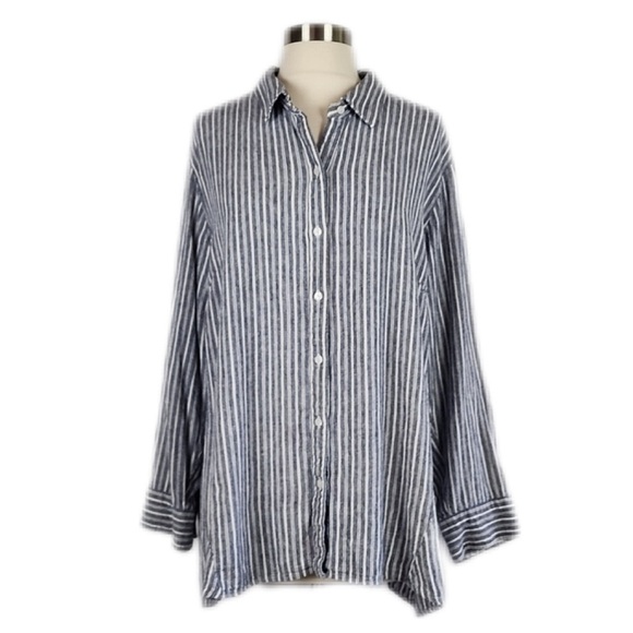 Jones New York Striped Linen Blend Roll Sleeve Button Down Shirt 2X - Picture 1 of 13